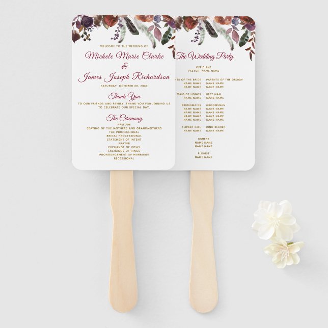 Abanico Programa Boho Burgundy Watercolor Floral Wedding (Anverso y reverso)