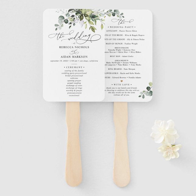 Abanico Programa Boho Eucalyptus Greenery Boda Ceremony (Anverso y reverso)
