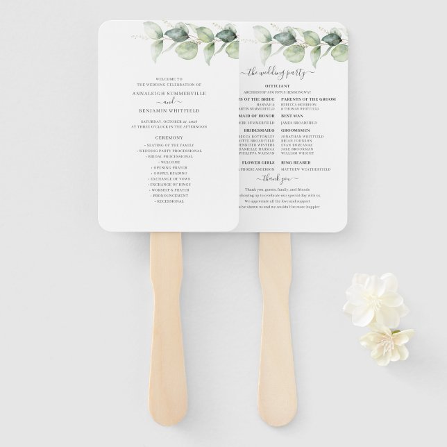 Abanico Programa Botánico de Boda con Verde de Eucalipto (Anverso y reverso)
