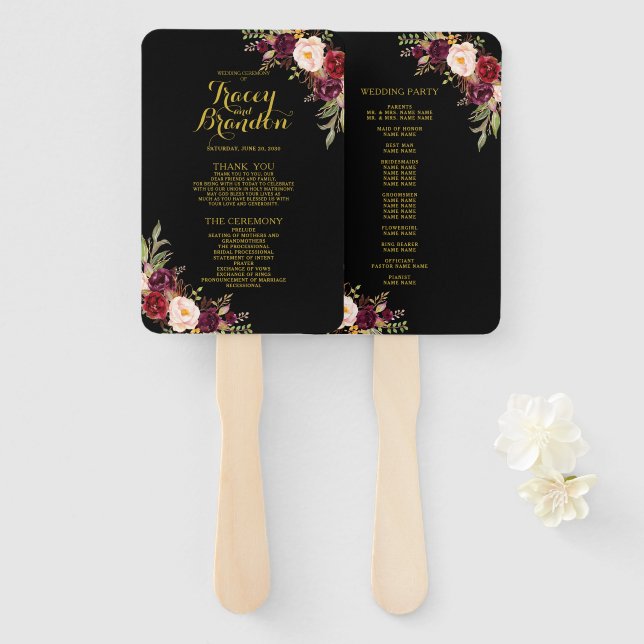 Abanico Programa Burgundy Red Floral Black Gold Wedding (Anverso y reverso)