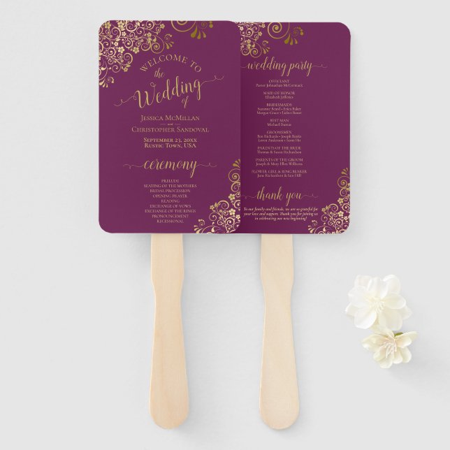 Abanico Programa Cassis Purple & Gold Lace Elegant Wedding (Anverso y reverso)