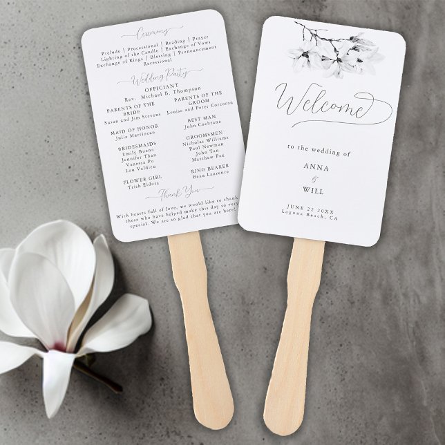 Abanico Programa clásico de la Magnolia Black White Weddin (Classic Magnolia Wedding Program Hand Fan Black and White Formal Traditional Elegant Modern Classic)