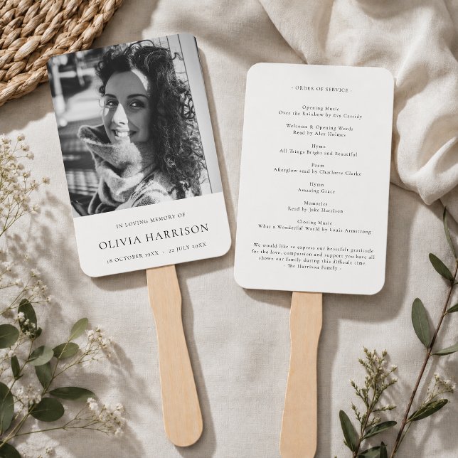 Abanico Programa conmemorativo Hand Fan | Orden de servici (Personalized memorial hand fan with photo and order of service for funeral guests.)