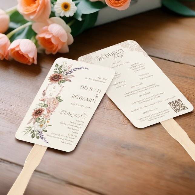 Abanico Programa Country Western Boho Floral Wedding Day (Country Western Boho Floral Wedding Day Program Hand Fan (Front & Back))