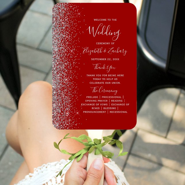 Abanico Programa Crimson Red Silver Purpurina Edge Wedding (Subido por el creador)