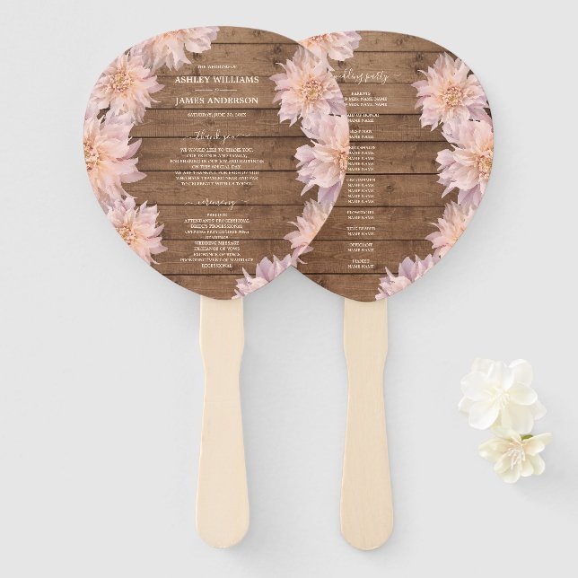 Abanico Programa Dahlia Pink Floral Rustic Wood Wedding (Anverso y reverso)