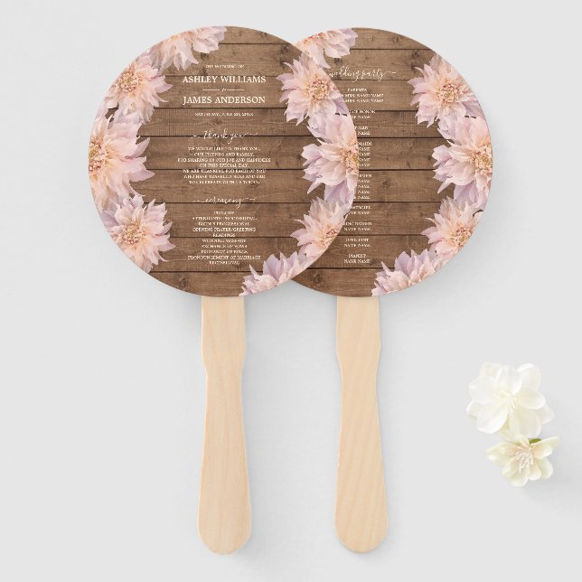 Abanico Programa Dahlia Pink Floral Rustic Wood Wedding (Anverso y reverso)