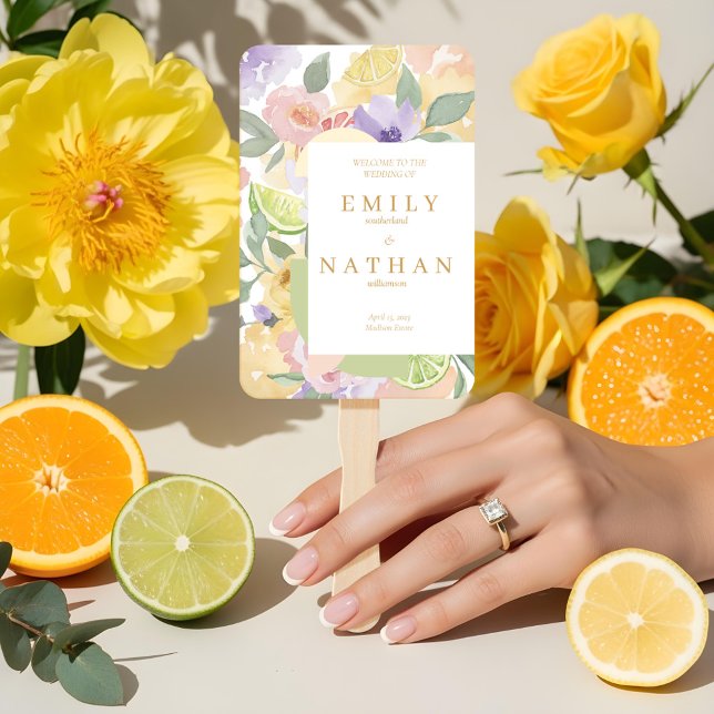 Abanico Programa de acuarela Boda de frutas y flores de cí (Citrus Fruit & Florals Wedding Watercolor Program Hand Fan)
