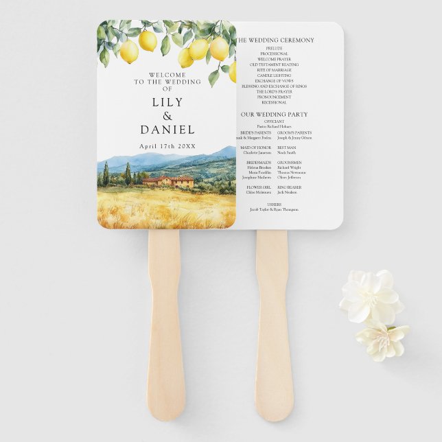 Abanico Programa de Boda Acuarela con Limones de Toscana I (Anverso y reverso)