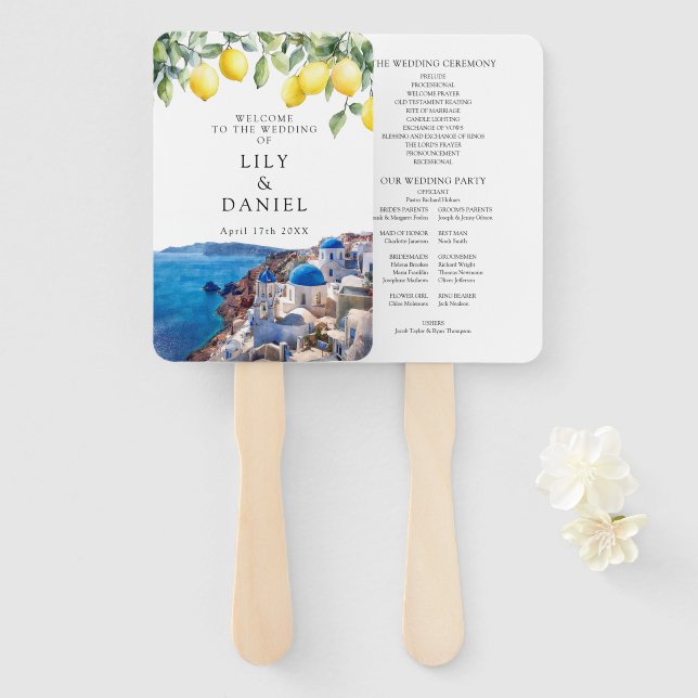 Abanico Programa de boda acuarela de limones de Santorini  (Anverso y reverso)