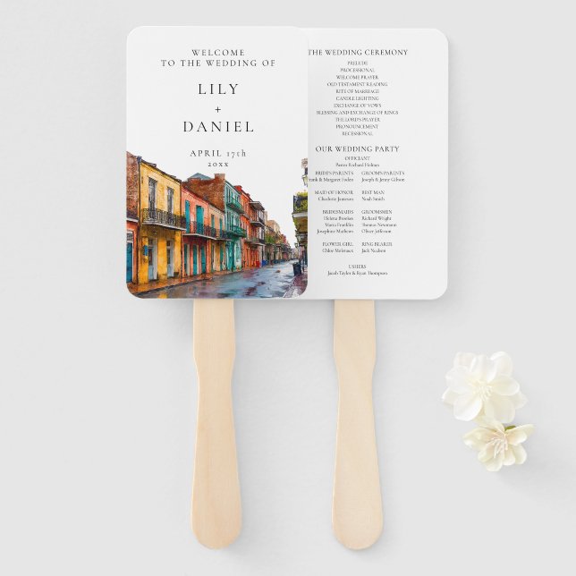 Abanico Programa de Boda Acuarela de Nueva Orleans (Anverso y reverso)