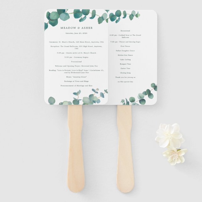Abanico Programa de Boda Adelaide Watercolor Eucalyptus (Anverso y reverso)