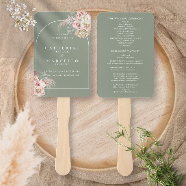 Abanico Programa de boda arco de hierba de Pampas verde sa (Sage Green Boho Pampas Grass Arch Wedding Program Hand Fan)