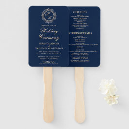 Abanico Programa de Boda Azul Marino con Monograma de Oro 