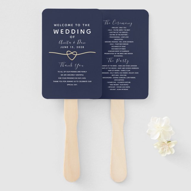 Abanico Programa de Boda Azul Marino Moderno (Anverso y reverso)