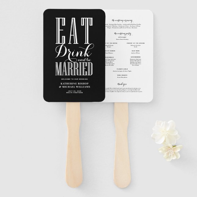 Abanico Programa de Boda Black Eat Drink and Be Married (Anverso y reverso)