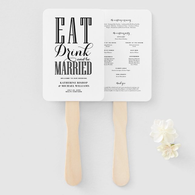 Abanico Programa de Boda Black Eat Drink and Be Married (Anverso y reverso)