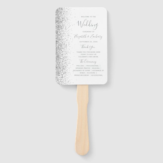 Abanico Programa de Boda Blanco con Brillo Plateado (Anverso)