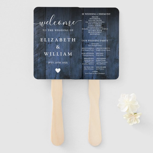 Abanico Programa de Boda Boho de Madera Rústica Azul (Anverso y reverso)