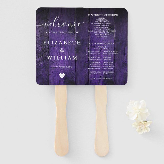 Abanico Programa de Boda Boho de Madera Rústica Púrpura (Anverso y reverso)