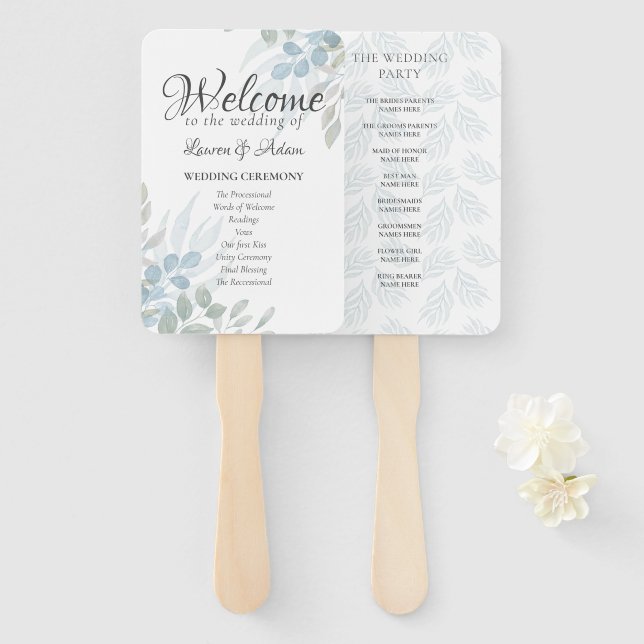 Abanico Programa de Boda Boho Eucalipto Azul Polvoriento (Anverso y reverso)