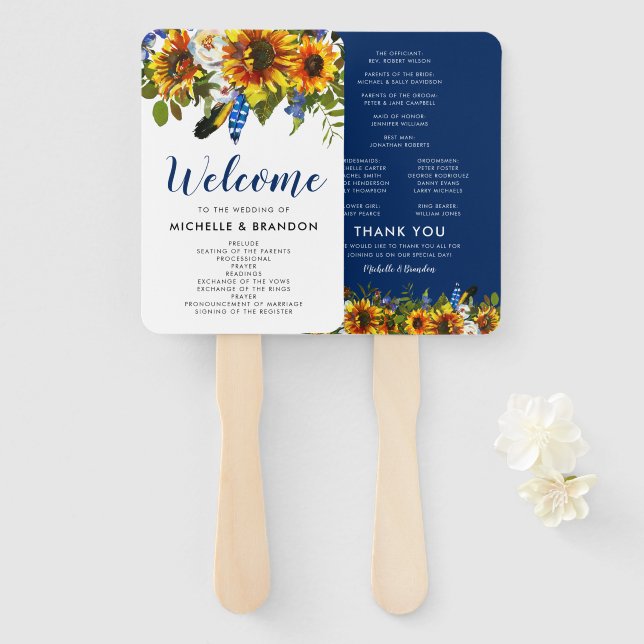 Abanico Programa de Boda Boho Girasol Azul Rústico (Anverso y reverso)