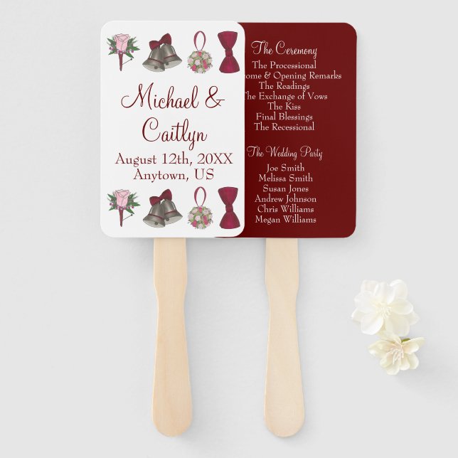 Abanico Programa de Boda Borgoña para Flores Bow (Anverso y reverso)