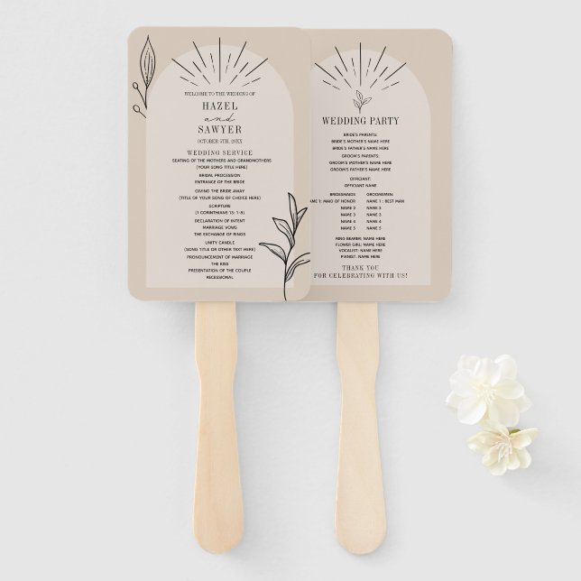 Abanico Programa de Boda Botánica Line Art Arch Tan (Anverso y reverso)