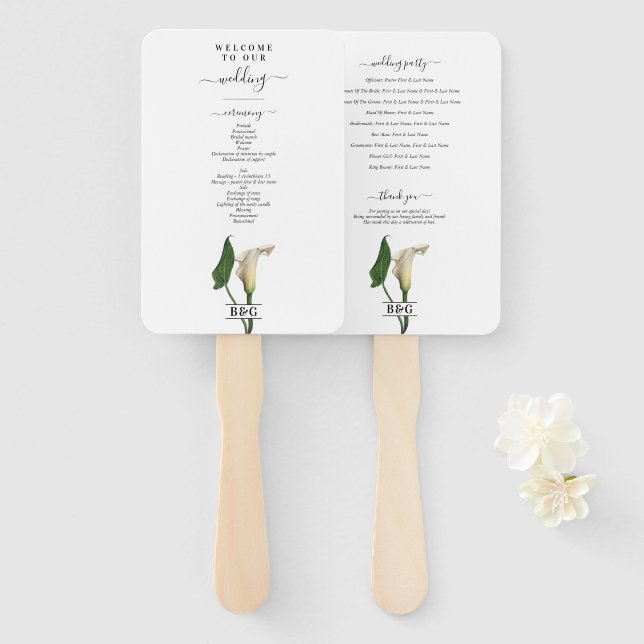 Abanico Programa de Boda Botánica White Calla Lily Green (Anverso y reverso)