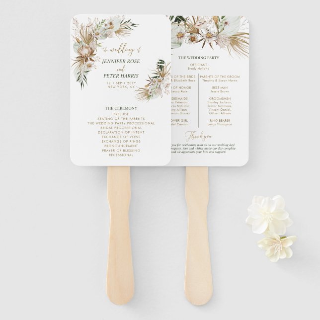 Abanico Programa de Boda Botánico Boho Verde y Dorado (Anverso y reverso)