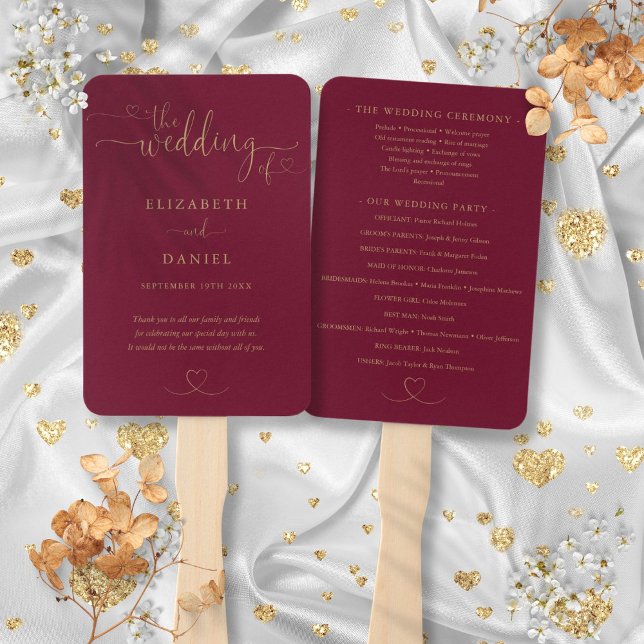 Abanico Programa de Boda Burgundy y Oro con Letra Corazón (Heart Script Burgundy And Gold Wedding Program Hand Fan)