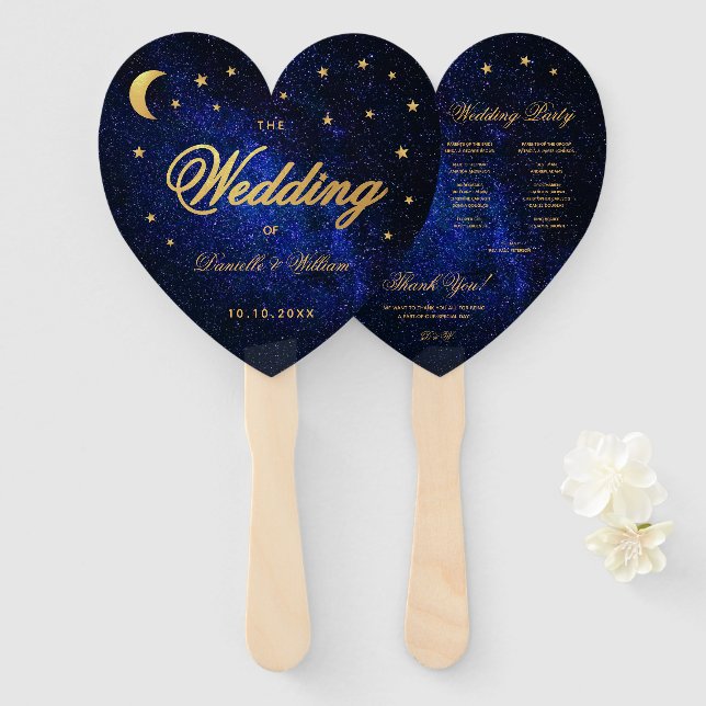 Abanico Programa de Boda Celestial Estrellas Doradas Luna  (Anverso y reverso)