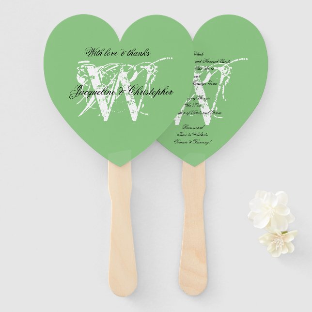 Abanico Programa de Boda Chic Blanco Monograma en Verde Su (Anverso y reverso)