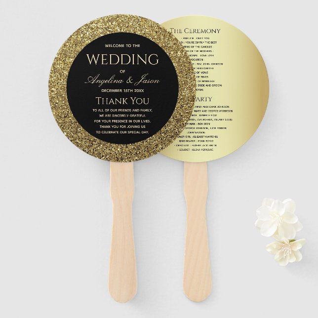 Abanico Programa de Boda Chic Dorado y Negro (Anverso y reverso)