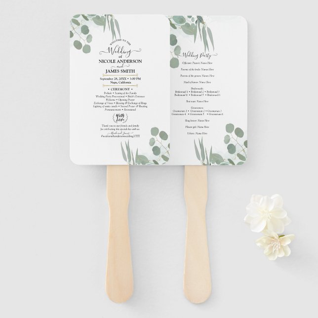 Abanico Programa de Boda Chic Moderno con Verde de Eucalip (Anverso y reverso)