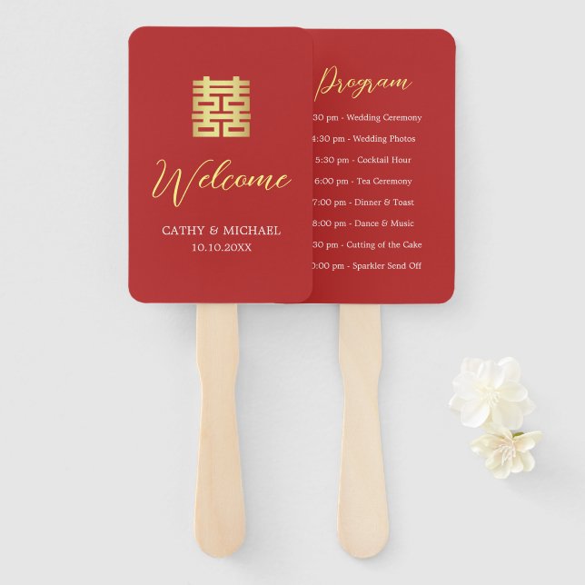 Abanico Programa de boda chino moderno rojo simple dorado (Anverso y reverso)