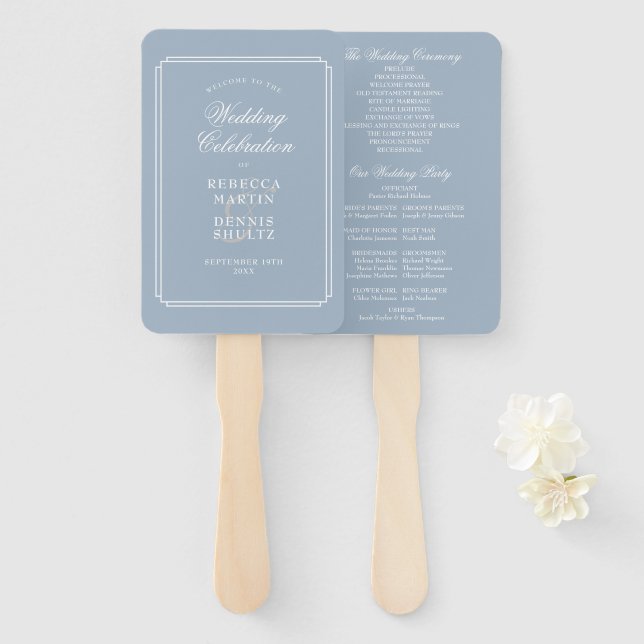 Abanico Programa de Boda Clásico Art Déco Azul Polvoriento (Anverso y reverso)