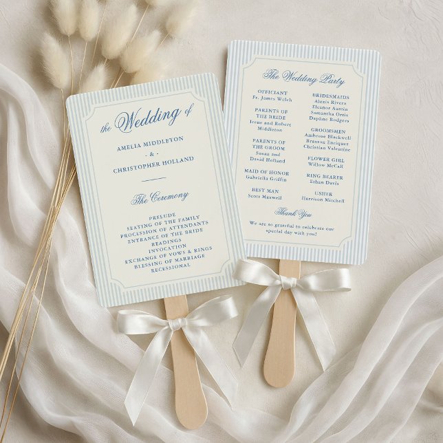 Abanico Programa de Boda Clásico de Rayas Azules Claras (classic light blue stripes wedding fan programs)
