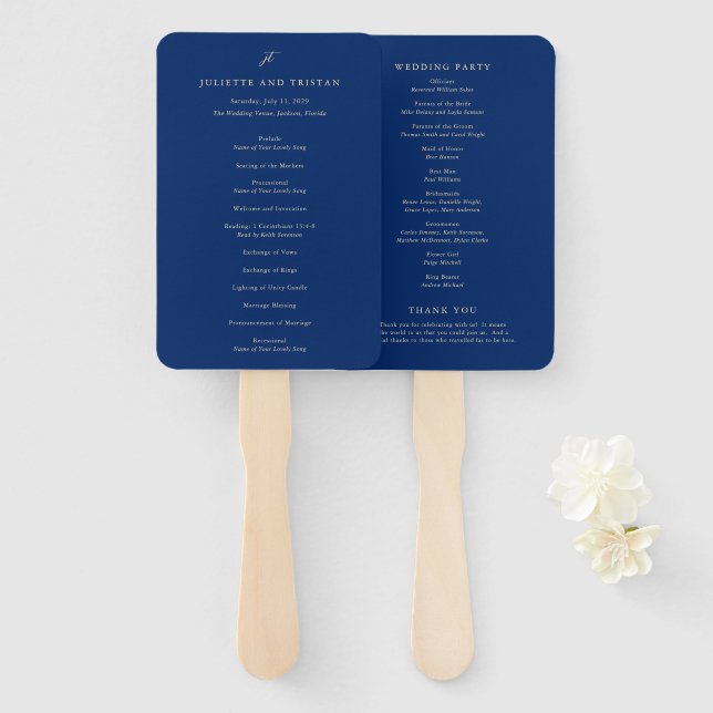 Abanico Programa de Boda Clásico Elegante de Azul Marino y (Anverso y reverso)