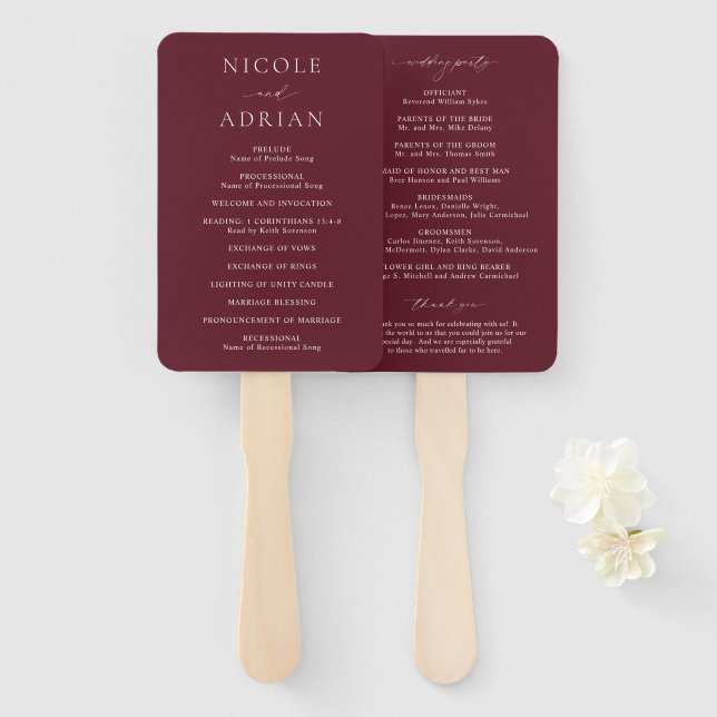 Abanico Programa de Boda Clásico Elegante de Borgoña (Anverso y reverso)