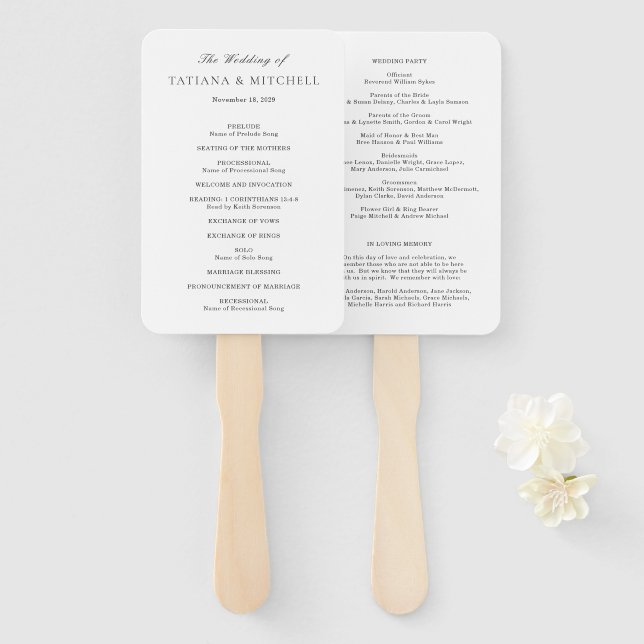 Abanico Programa de Boda Clásico Elegante en Blanco y Negr (Anverso y reverso)