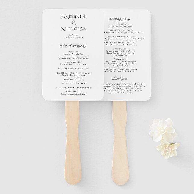Abanico Programa de Boda Clásico en Blanco y Negro Moderno (Anverso y reverso)