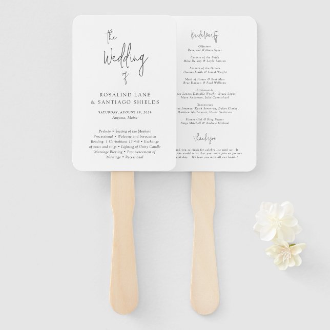 Abanico Programa de Boda Clásico Moderno en Blanco y Negro (Anverso y reverso)