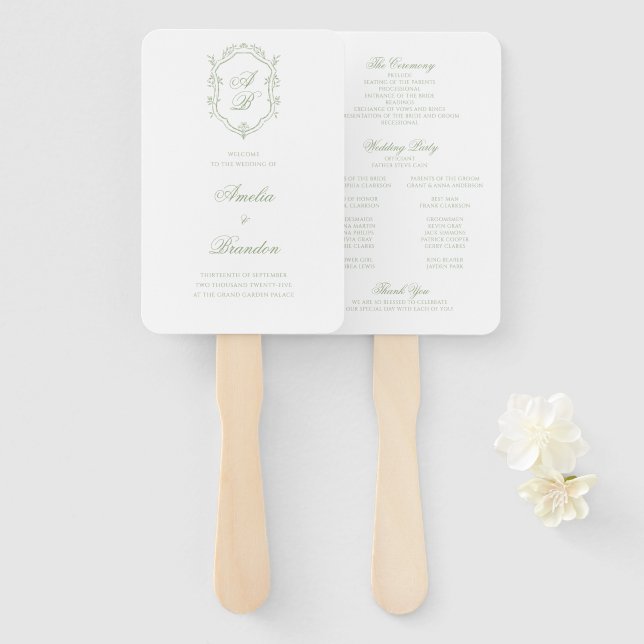 Abanico Programa de Boda Clásico Verde Salvia con Cresta d (Anverso y reverso)