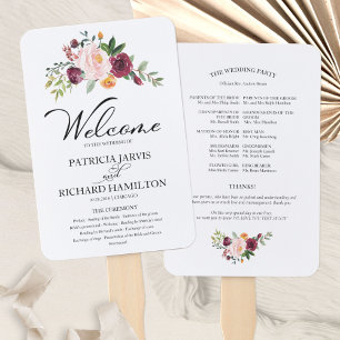 Abanico Programa de Boda con Acuarela Floral Borgoña Rosad
