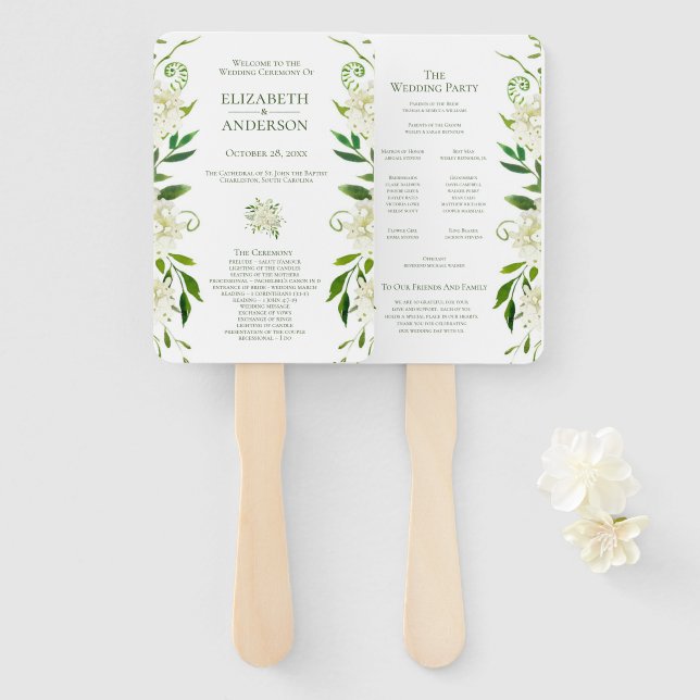Abanico Programa de Boda con Acuarela Floral de Hortensia  (Anverso y reverso)