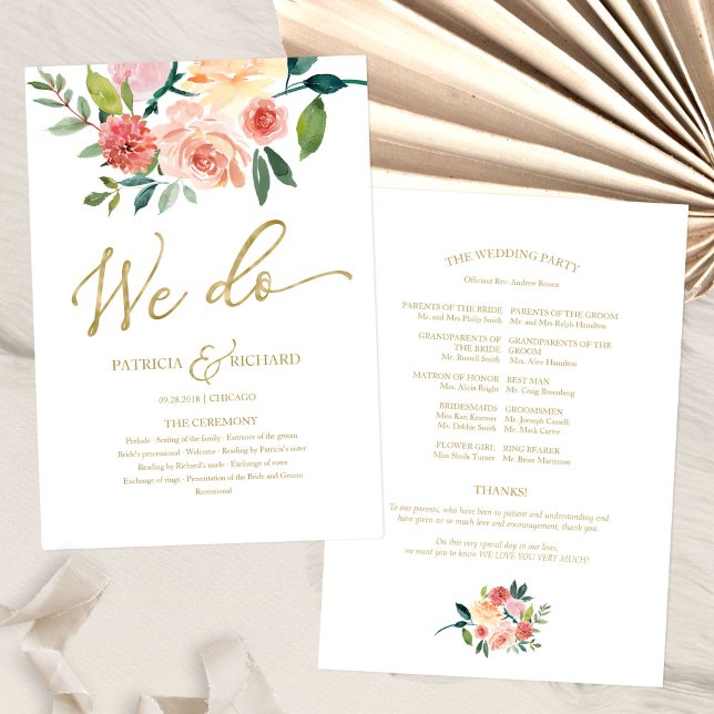 Abanico Programa de Boda con Acuarela Floral en Dorado We  (Subido por el creador)