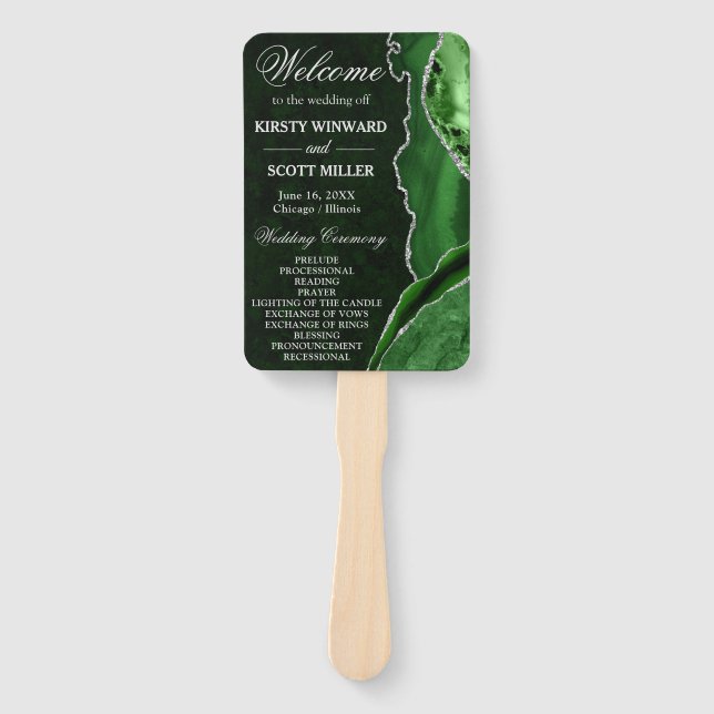 Abanico Programa de Boda con Agata Brillante Verde y Plata (Anverso)