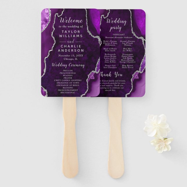 Abanico Programa de Boda con Ágata Púrpura y Plata (Anverso y reverso)