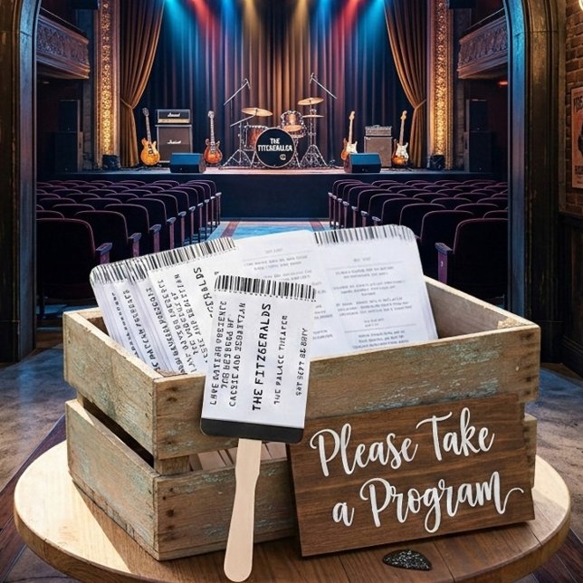 Abanico Programa de Boda con Boleto de Concierto de Rock M (Concert Ticket Wedding program fans for your music themed wedding)